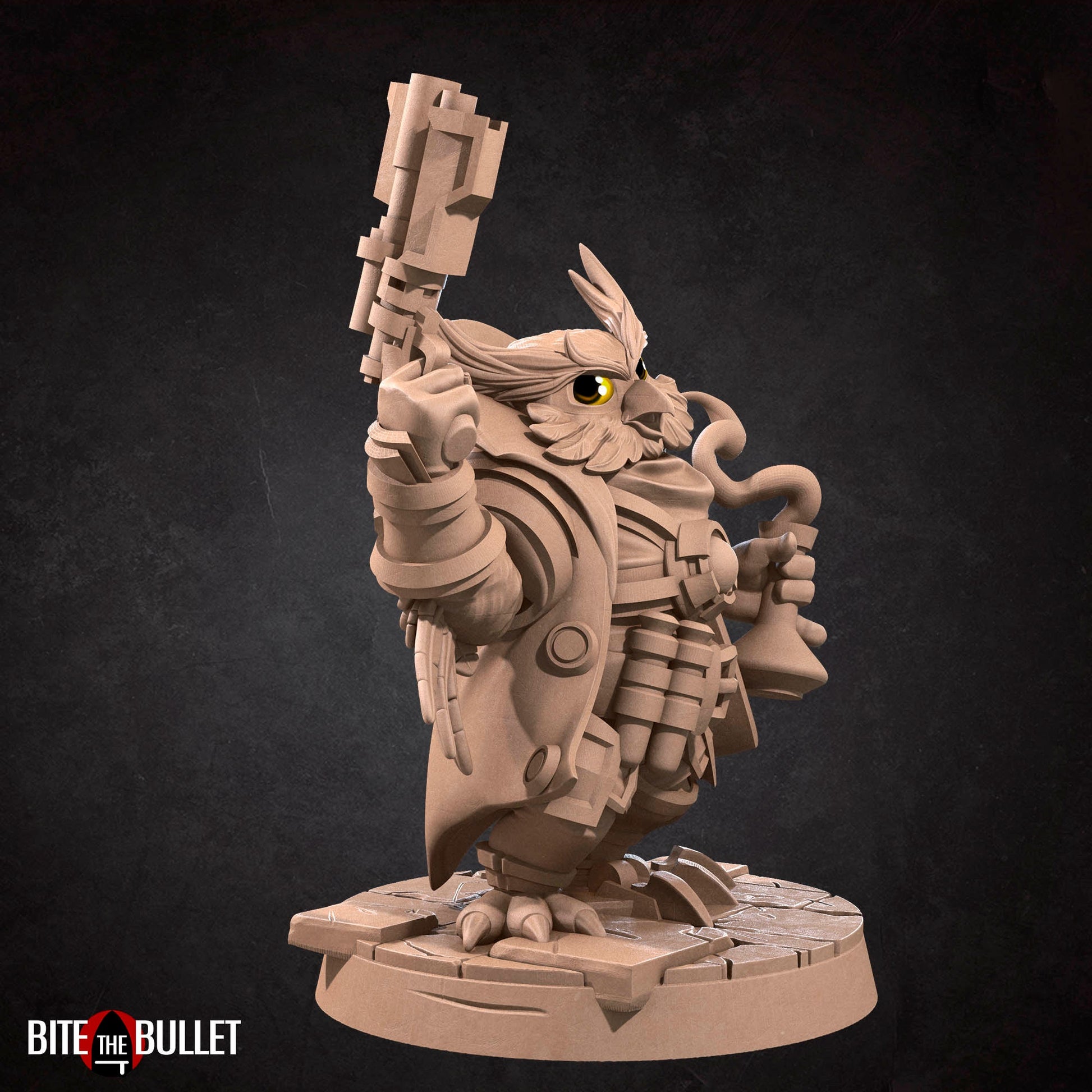 Owlfolk artificer/blacksmith (anthropomorphic owl) resin miniature by Bite the Bullet.