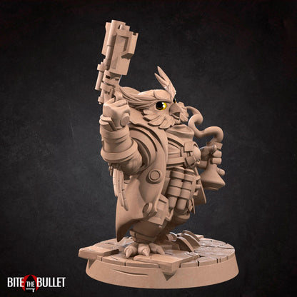 Owlfolk artificer/blacksmith (anthropomorphic owl) resin miniature by Bite the Bullet.