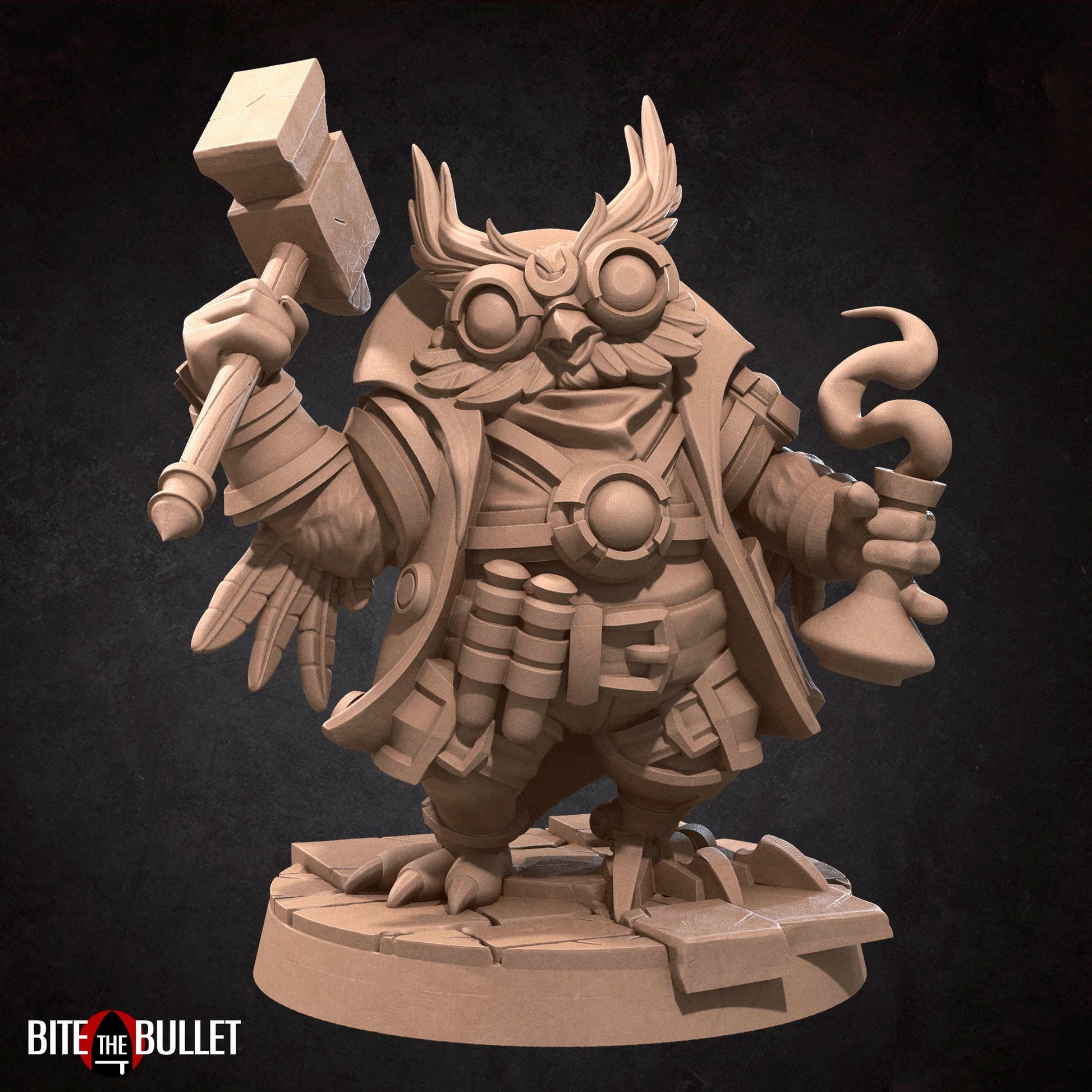 Owlfolk artificer/blacksmith (anthropomorphic owl) resin miniature by Bite the Bullet.