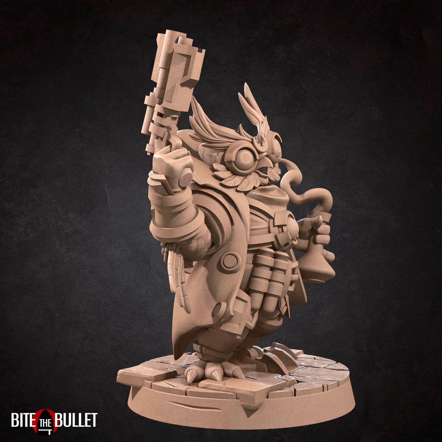 Owlfolk artificer/blacksmith (anthropomorphic owl) resin miniature by Bite the Bullet.