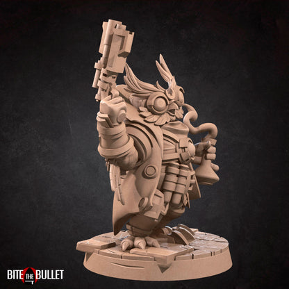 Owlfolk artificer/blacksmith (anthropomorphic owl) resin miniature by Bite the Bullet.