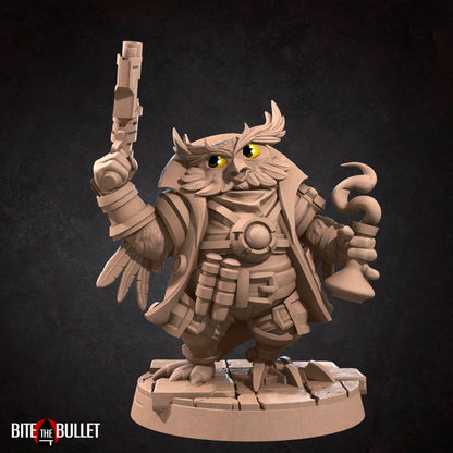 Owlfolk artificer/blacksmith (anthropomorphic owl) resin miniature by Bite the Bullet.