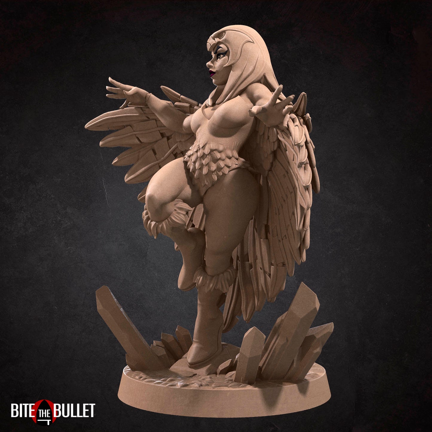 Marina the sorceress wearing a feathered cloak and owl headdress; resin miniature by Bite the Bullet.