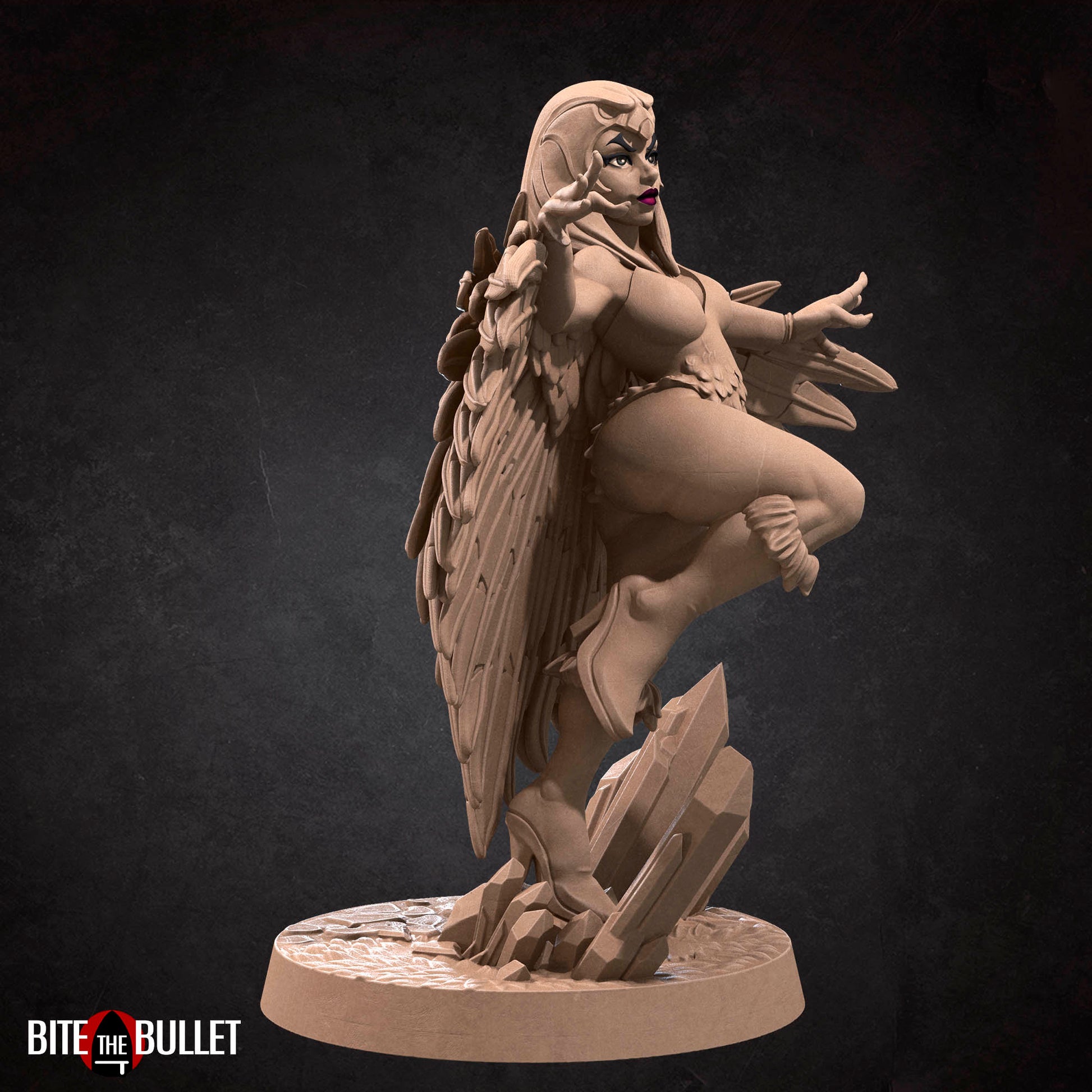 Marina the sorceress wearing a feathered cloak and owl headdress; resin miniature by Bite the Bullet.