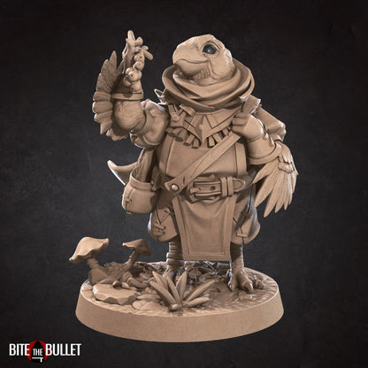 Kenku (anthropomorphic corvid) forager gathering herbs and berries; resin miniature by Bite the Bullet.