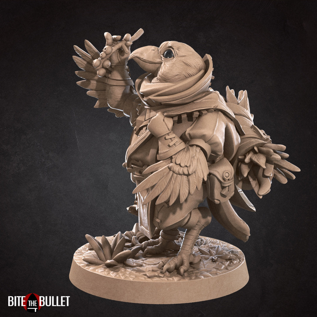 Kenku (anthropomorphic corvid) forager gathering herbs and berries; resin miniature by Bite the Bullet.