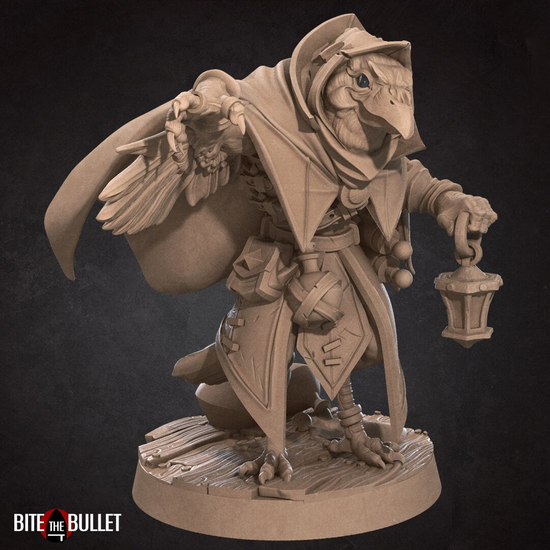 Hooded kenku (anthropomorphic corvid) alchemist carrying a lantern; resin miniature by Bite the Bullet.