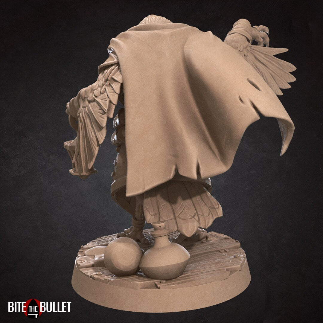 Kenku (anthropomorphic corvid) alchemist carrying a lantern; resin miniature by Bite the Bullet.