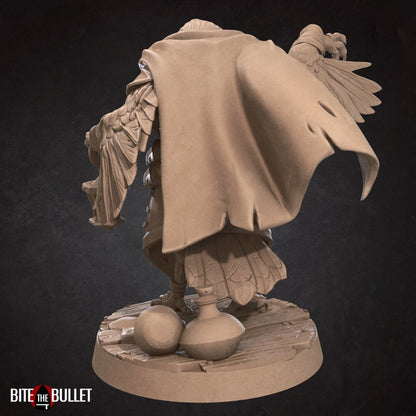 Kenku (anthropomorphic corvid) alchemist carrying a lantern; resin miniature by Bite the Bullet.