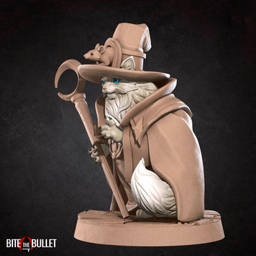 Anthropomorphic cat wizard wearing a pointed hat and carrying a staff with a crescent moon at the top; resin miniature by Bite the Bullet.