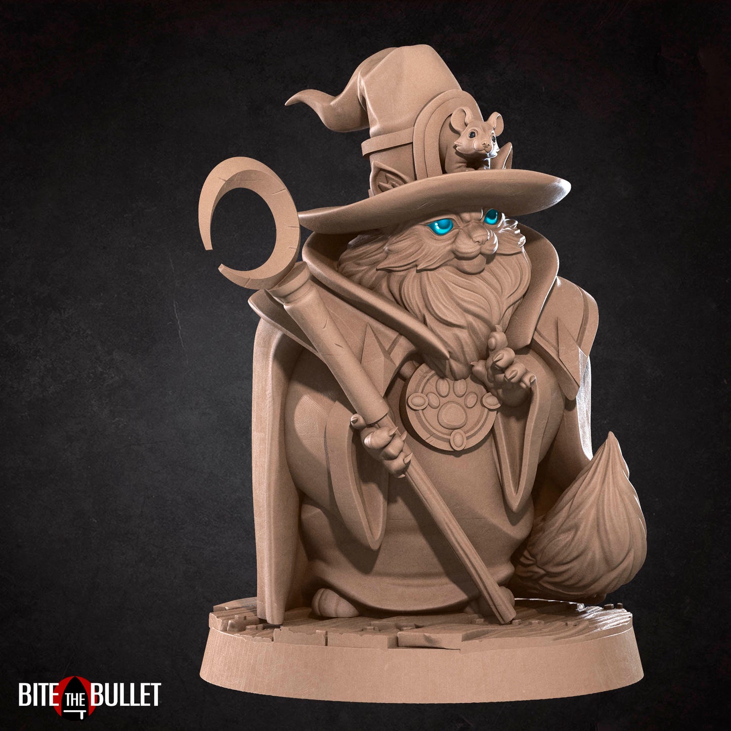 Anthropomorphic cat wizard wearing a pointed hat and carrying a staff with a crescent moon at the top; resin miniature by Bite the Bullet.