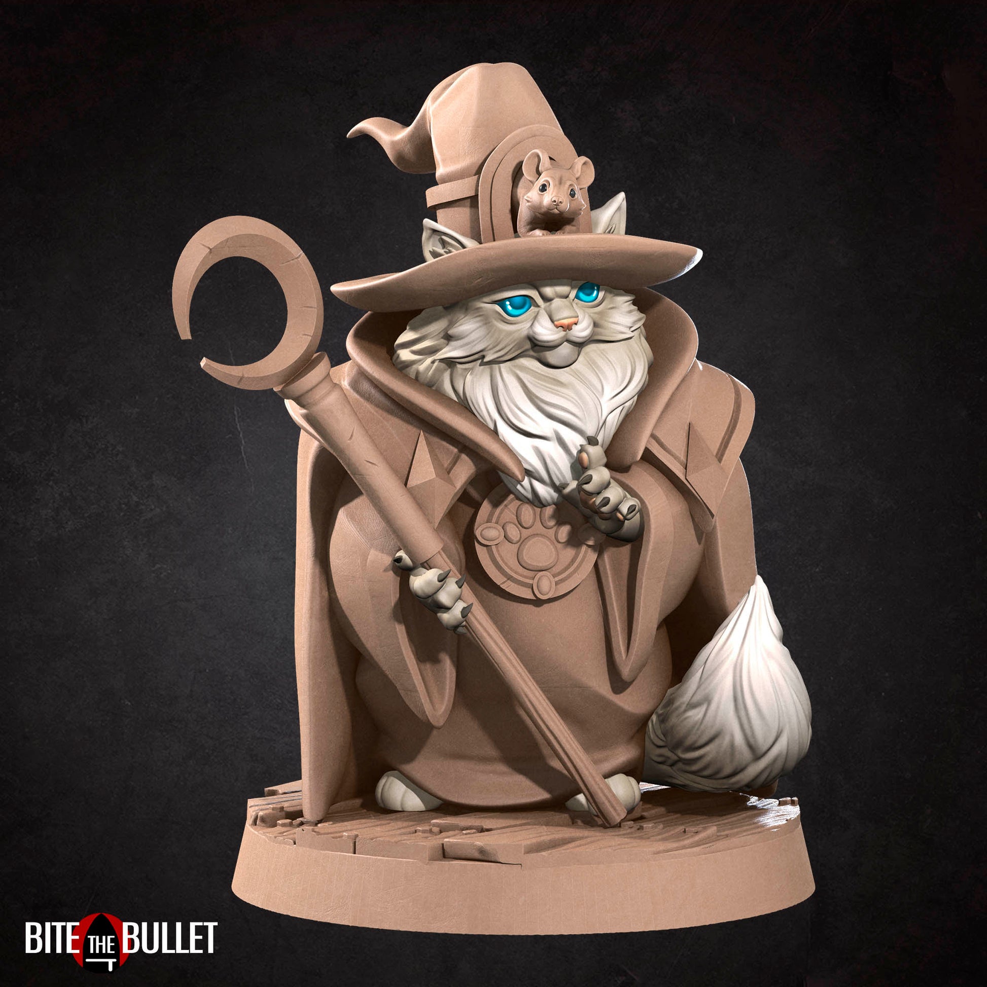 Anthropomorphic cat wizard wearing a pointed hat and carrying a staff with a crescent moon at the top; resin miniature by Bite the Bullet.