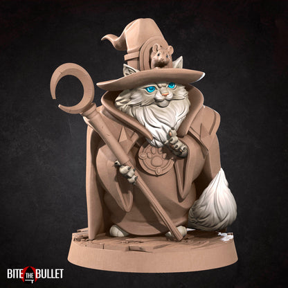 Anthropomorphic cat wizard wearing a pointed hat and carrying a staff with a crescent moon at the top; resin miniature by Bite the Bullet.