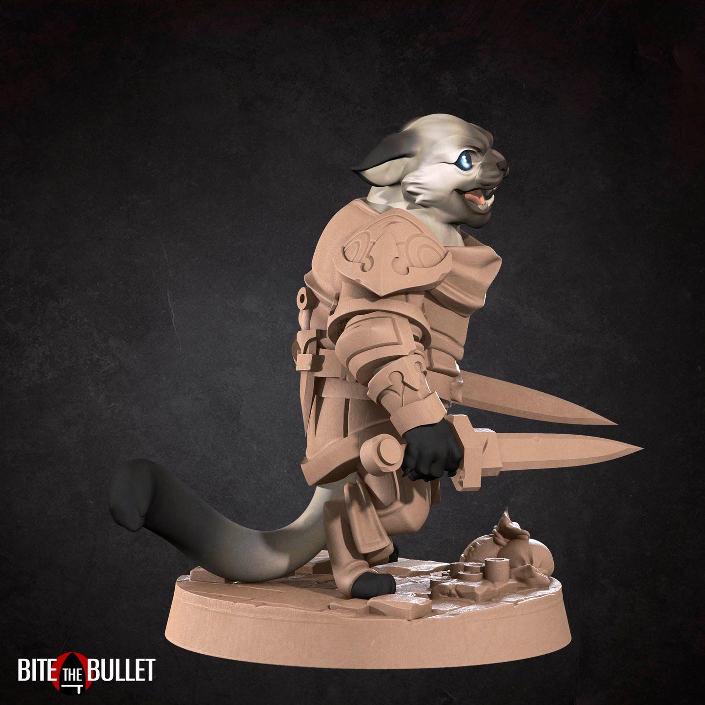 Anthropomorphic cat rogue wielding two short swords; resin miniature by Bite the Bullet.