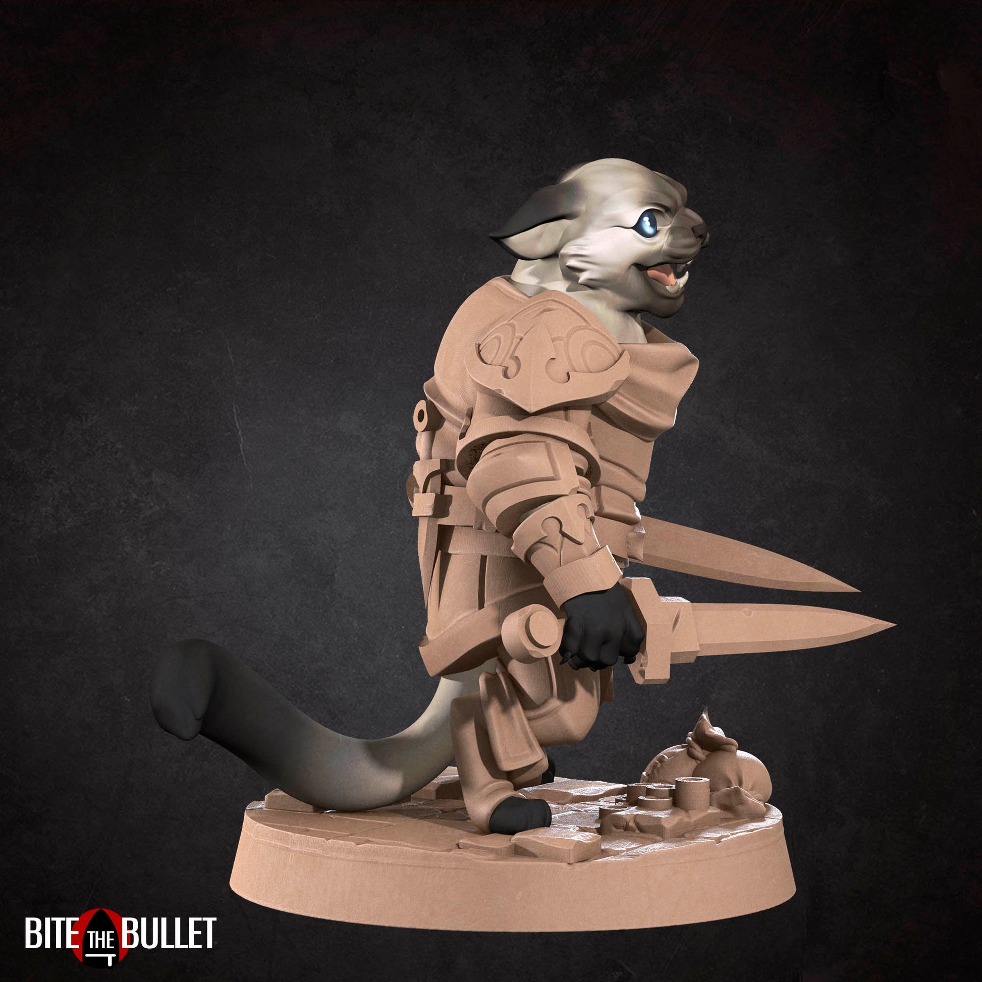 Anthropomorphic cat rogue wielding two short swords; resin miniature by Bite the Bullet.