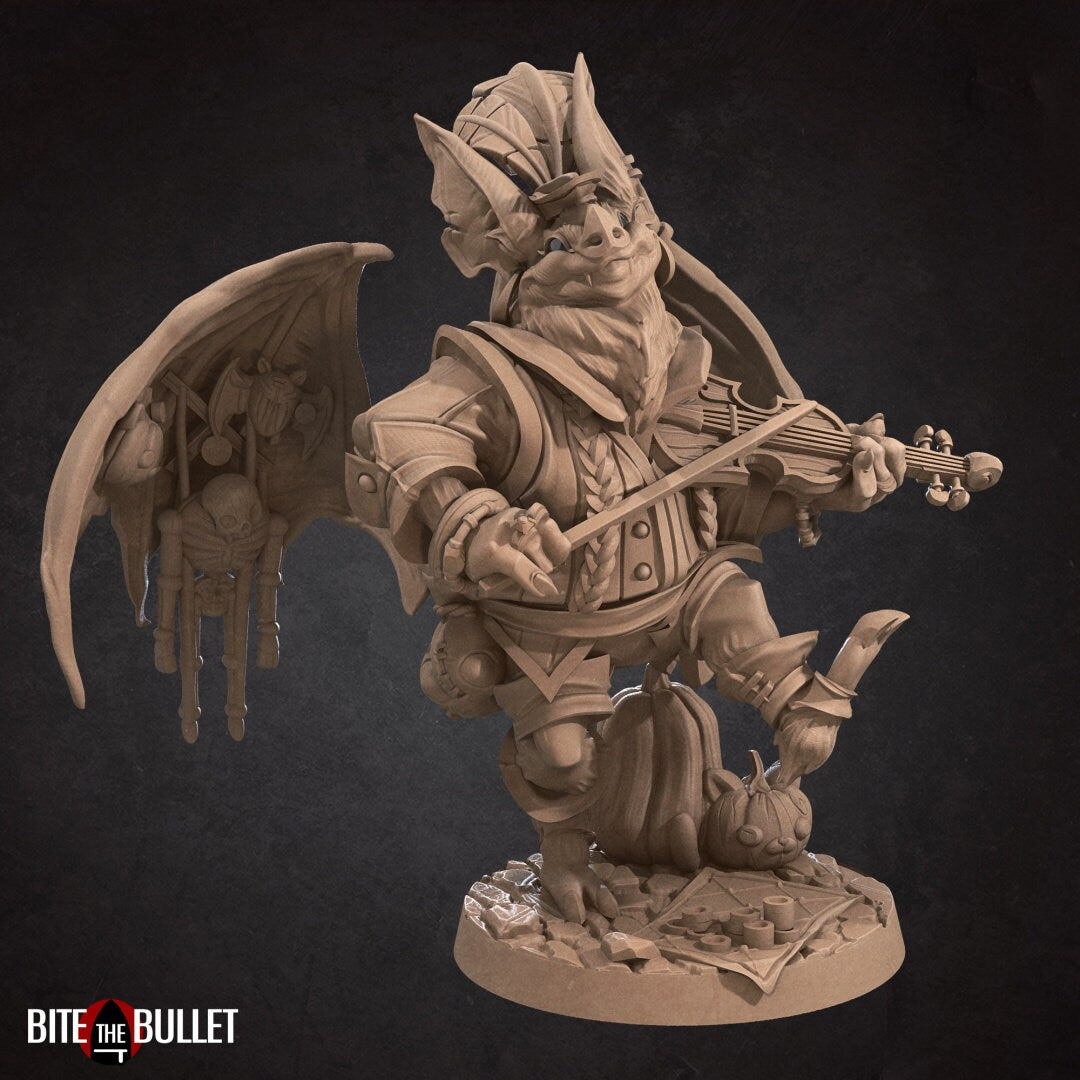 Anthropomorphic bat playing a fiddle, wings spread to display puppets hanging from them. Resin miniature by Bite the Bullet.