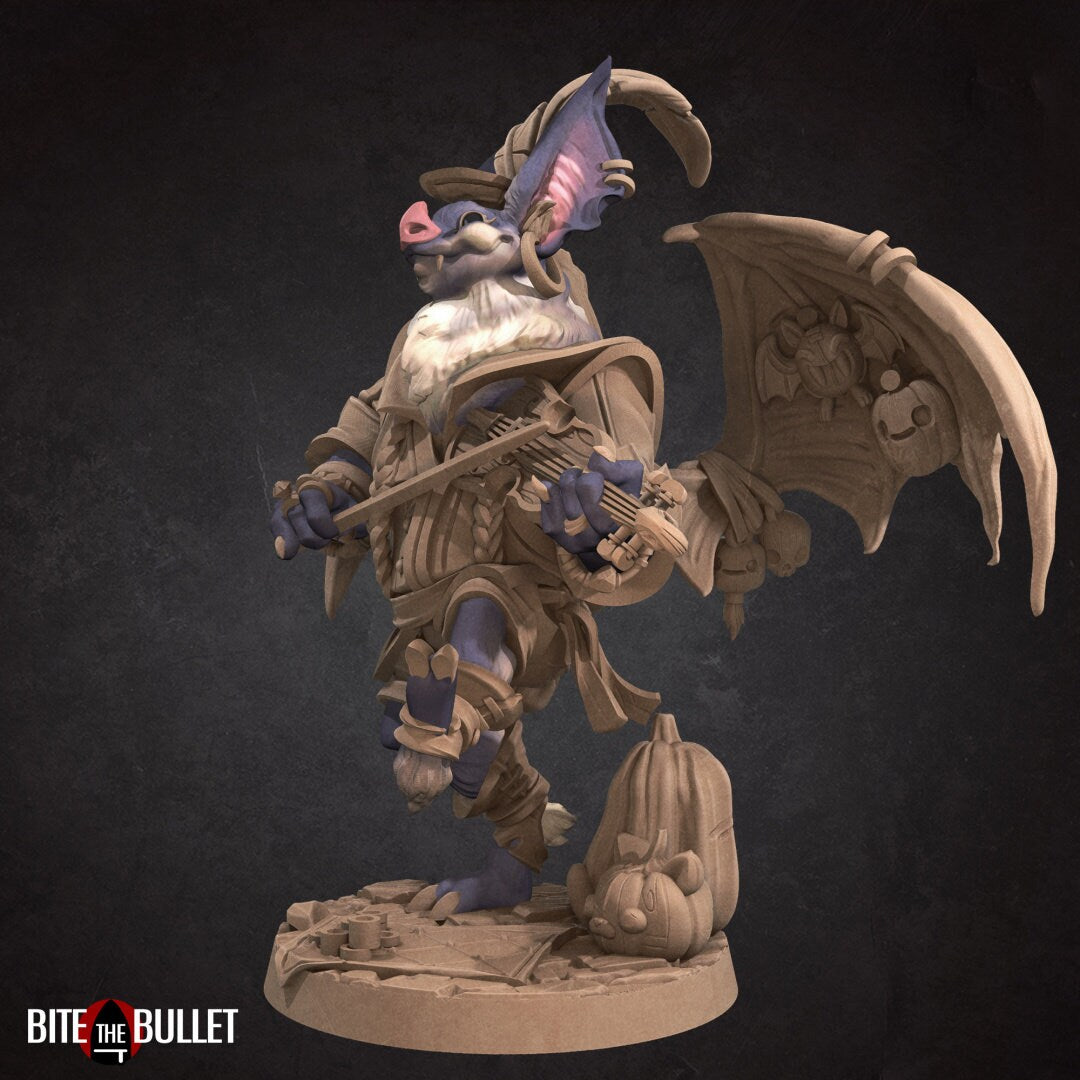 Anthropomorphic bat playing a fiddle, wings spread to display puppets hanging from them. Resin miniature by Bite the Bullet.