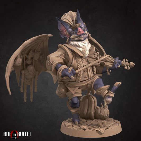 Anthropomorphic bat playing a fiddle, wings spread to display puppets hanging from them. Resin miniature by Bite the Bullet.