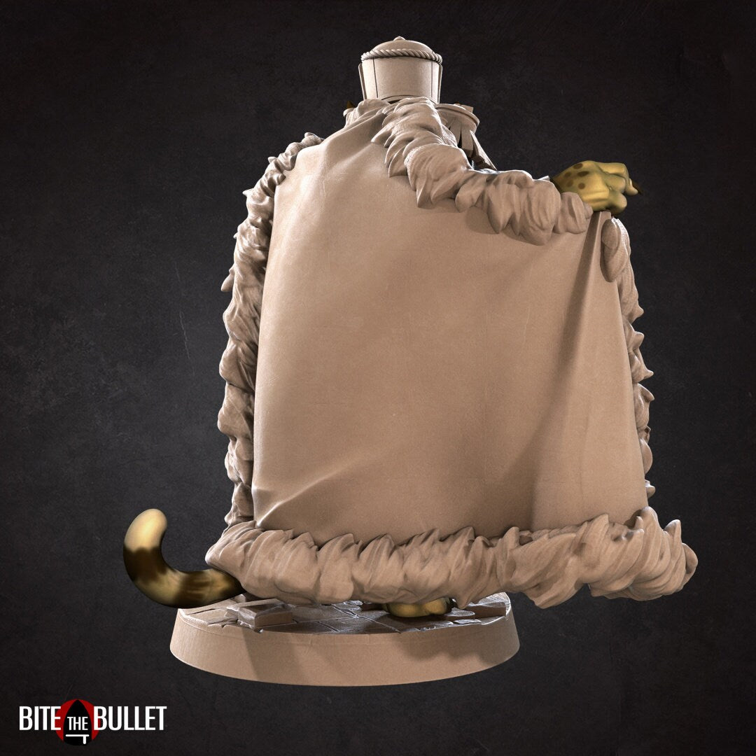 Anthropomorphic cheetah smuggler, dressed as a tin soldier, showing off Christmas treats tucked inside his cloak; resin miniature by Bite the Bullet.
