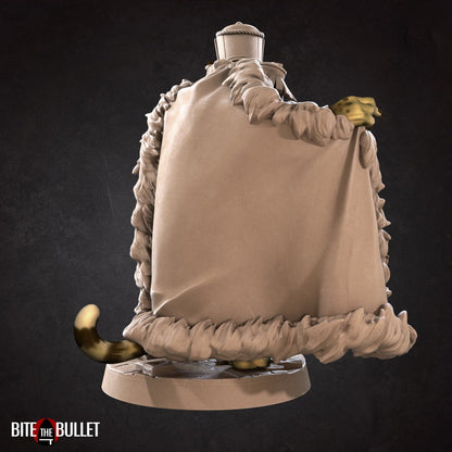 Anthropomorphic cheetah smuggler, dressed as a tin soldier, showing off Christmas treats tucked inside his cloak; resin miniature by Bite the Bullet.