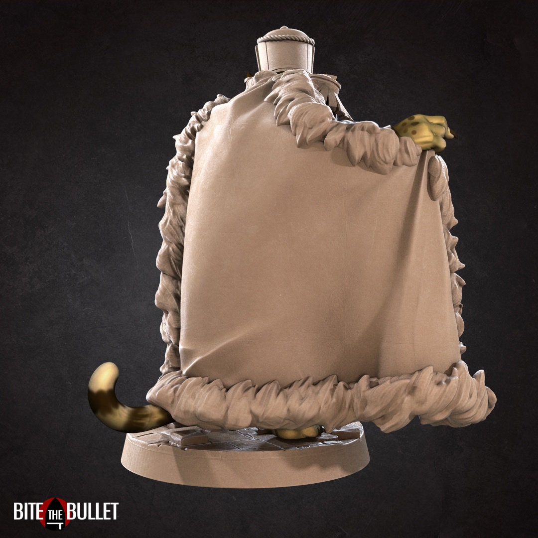 Anthropomorphic cheetah smuggler, dressed as a tin soldier, showing off Christmas treats tucked inside his cloak; resin miniature by Bite the Bullet.