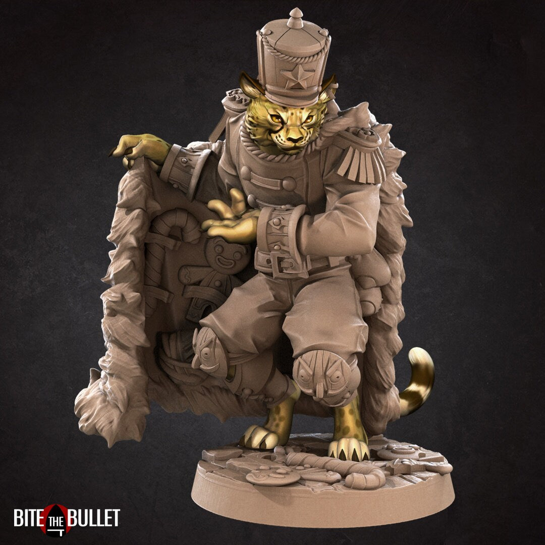 Anthropomorphic cheetah smuggler, dressed as a tin soldier, showing off Christmas treats tucked inside his cloak; resin miniature by Bite the Bullet.