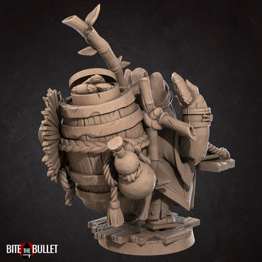 Tanuki (anthropomorphic racoon) ramen vendor with a tray strapped to his chest and additional supplies on his back. Resin miniature by Bite the Bullet.