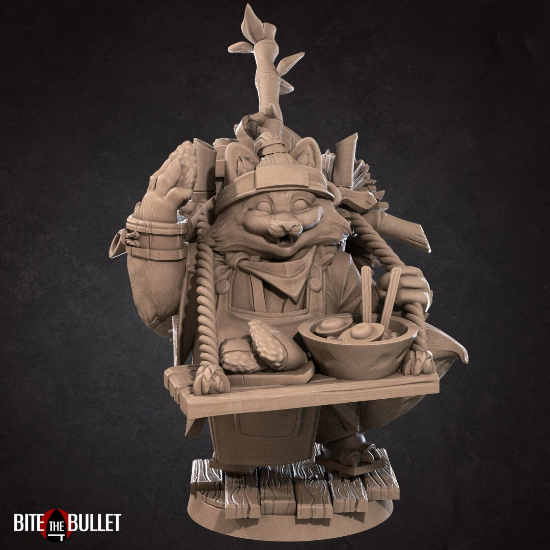 Tanuki (anthropomorphic racoon) ramen vendor with a tray strapped to his chest and additional supplies on his back. Resin miniature by Bite the Bullet.