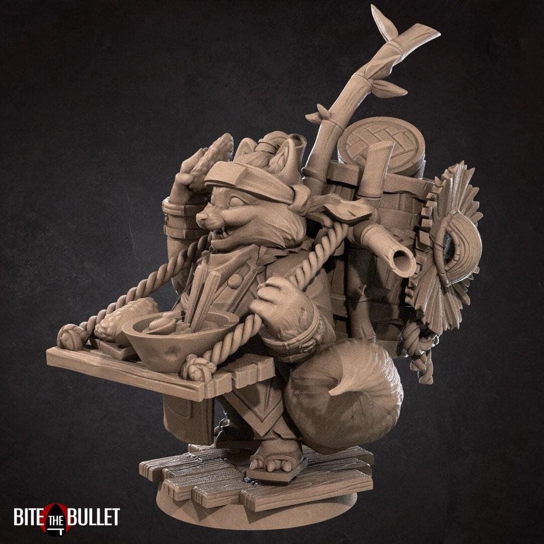 Tanuki (anthropomorphic racoon) ramen vendor with a tray strapped to his chest and additional supplies on his back. Resin miniature by Bite the Bullet.
