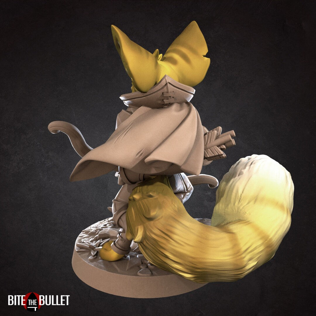 Anthropomorphic fennec fox hunter holding a drawn bow; resin miniature by Bite the Bullet.