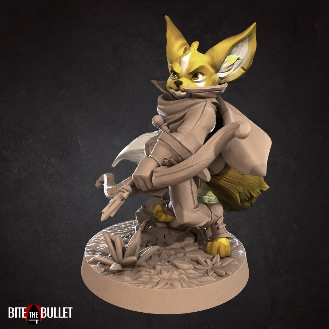 Anthropomorphic fennec fox hunter holding a drawn bow; resin miniature by Bite the Bullet.