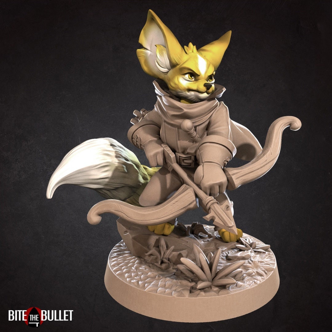 Anthropomorphic fennec fox hunter holding a drawn bow; resin miniature by Bite the Bullet.