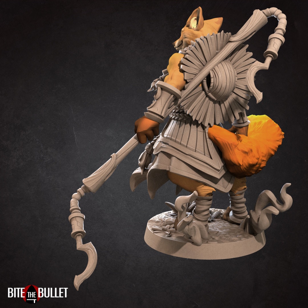 Anthropomorphic red fox monk holding a staff; resin miniature by Bite the Bullet.