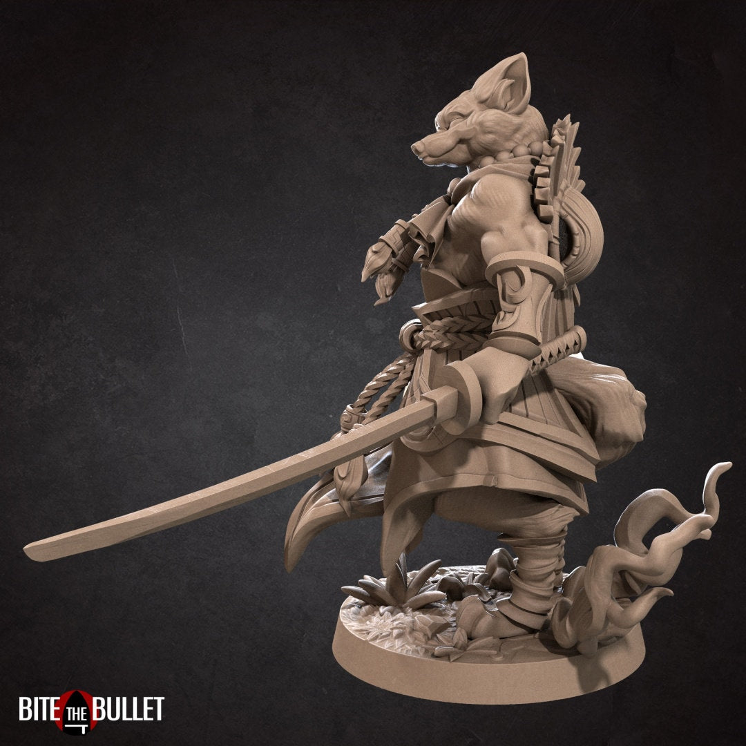 Anthropomorphic red fox monk holding a katana; resin miniature by Bite the Bullet.