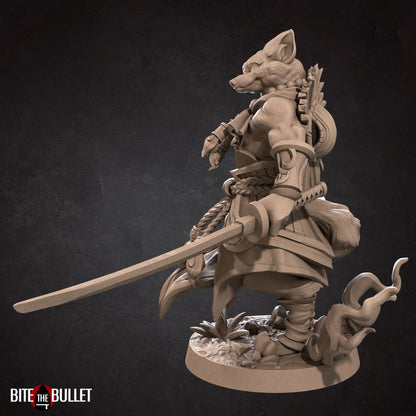 Anthropomorphic red fox monk holding a katana; resin miniature by Bite the Bullet.