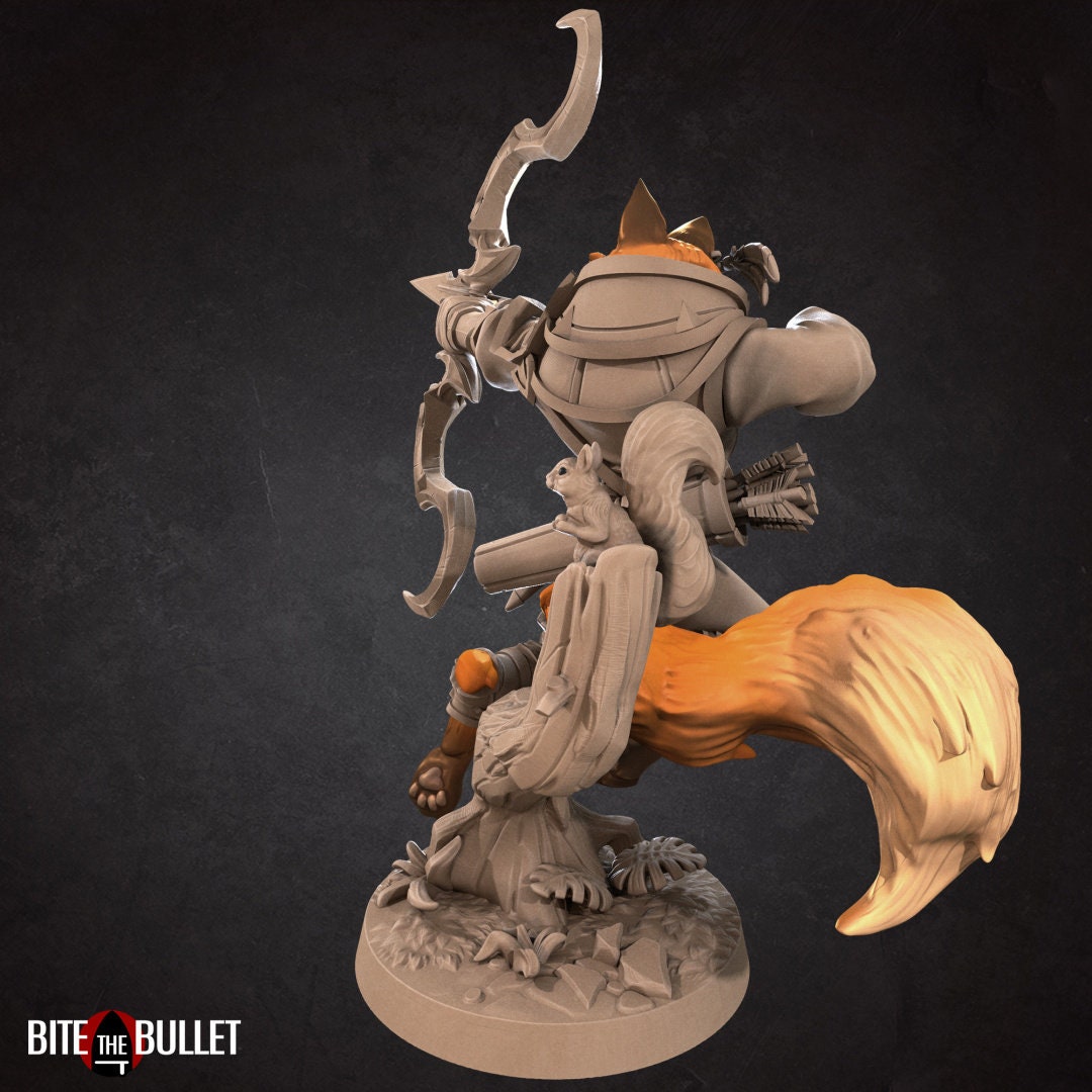 Anthropomorphic red fox ranger holding a drawn bow; resin miniature by Bite the Bullet.