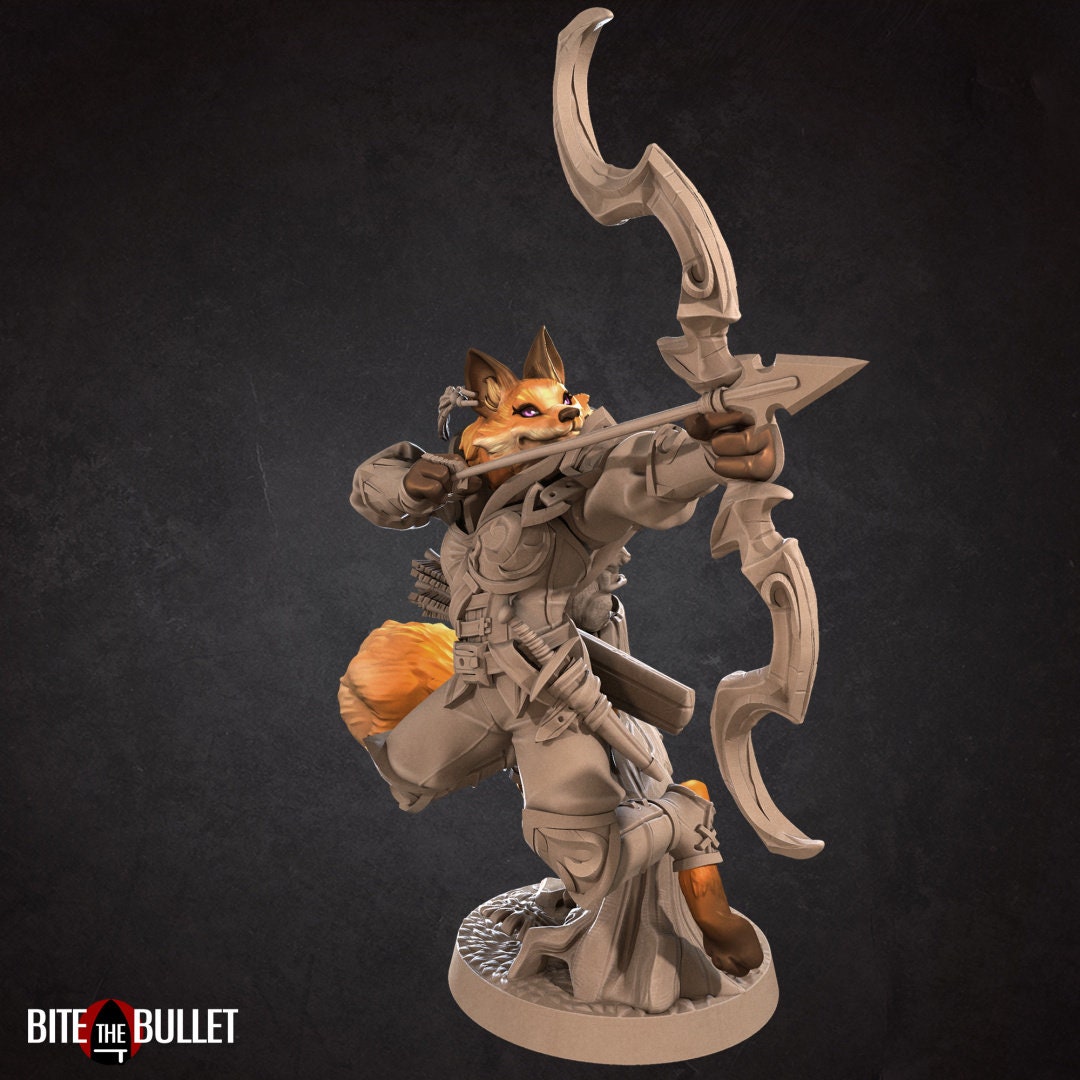 Anthropomorphic red fox ranger holding a drawn bow; resin miniature by Bite the Bullet.