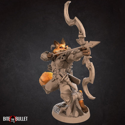 Anthropomorphic red fox ranger holding a drawn bow; resin miniature by Bite the Bullet.