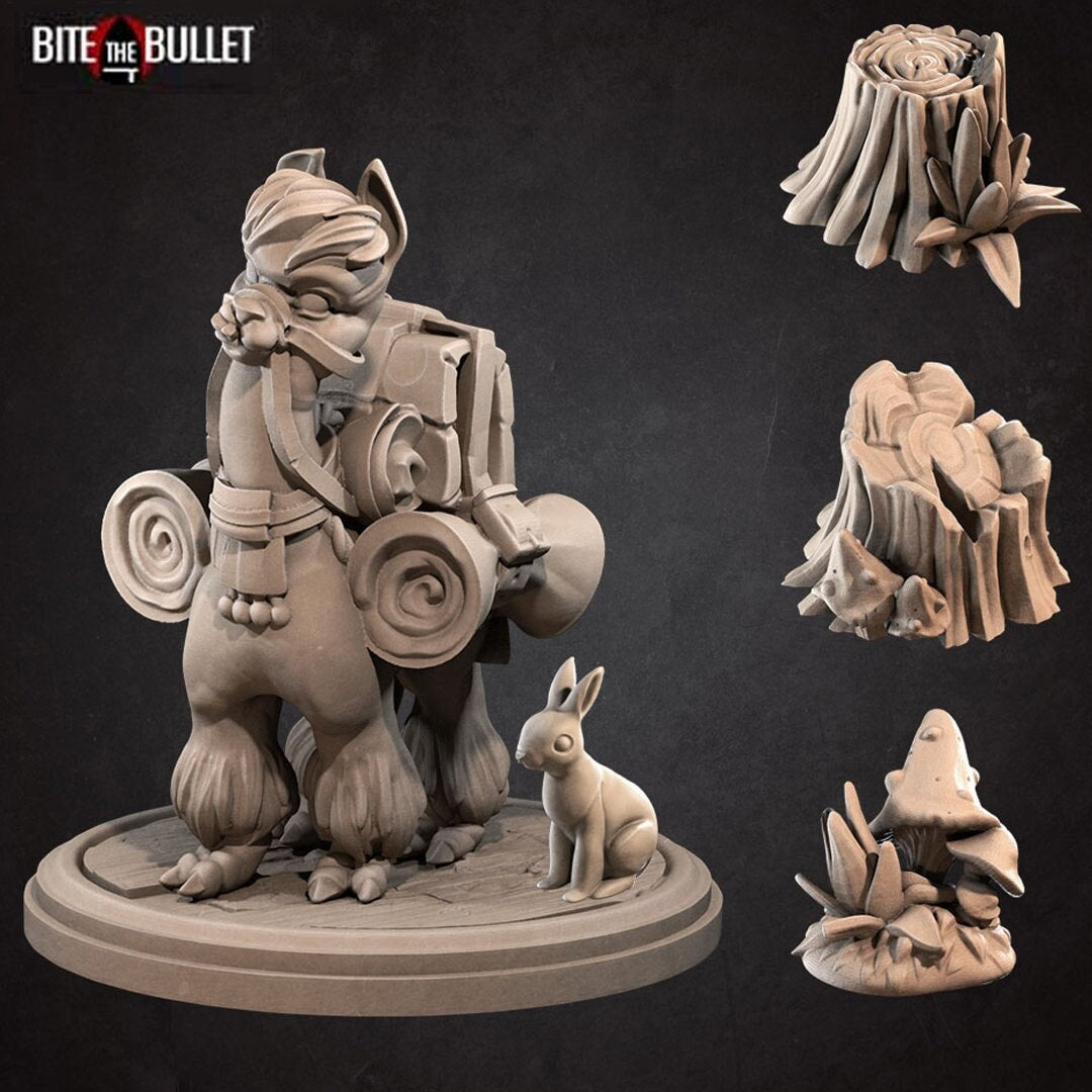 Alpaca with pack and bedrolls; resin miniature by Bite the Bullet.