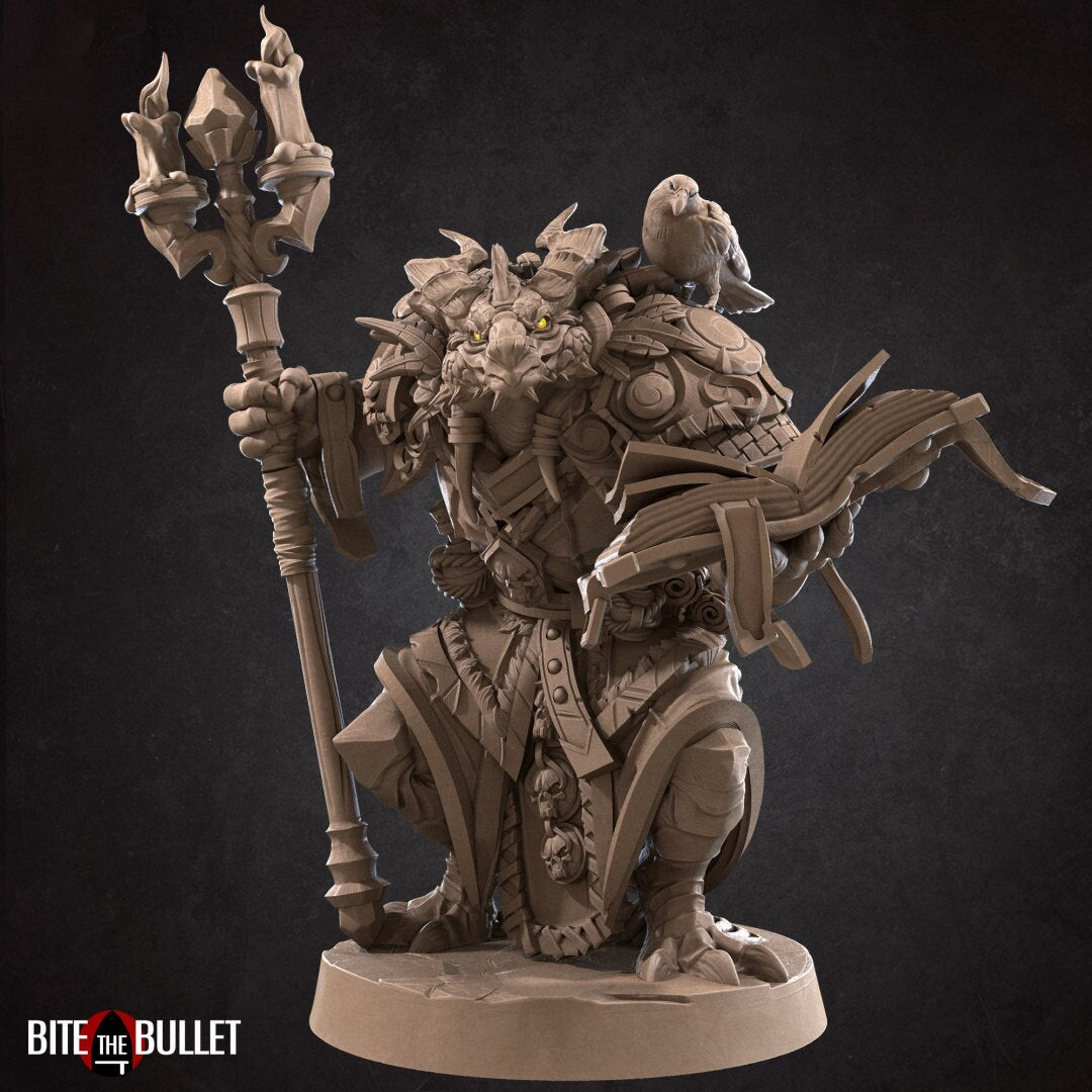 Anthropomorphic dragon holding a tome and a staff, a raven perched on his shoulder. Resin miniature by Bite the Bullet.