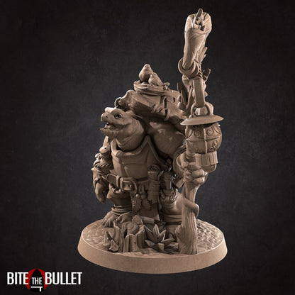 Anthropomorphic tortoise holding a staff, a squirrel perched on his arm. Resin miniature by Bite the Bullet.