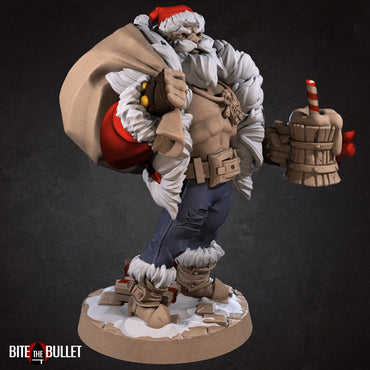 Sexy shirtless Santa Claus with ripped abs, toy sack over his shoulder, gingerbread man necklace on his chest, frothy wooden mug in hand. Resin miniature by Bite the Bullet.