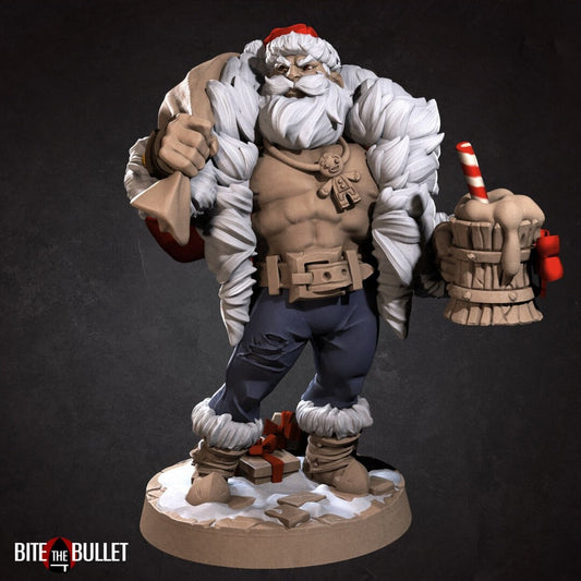 Sexy shirtless Santa Claus with ripped abs, toy sack over his shoulder, gingerbread man necklace on his chest, frothy wooden mug in hand. Resin miniature by Bite the Bullet.
