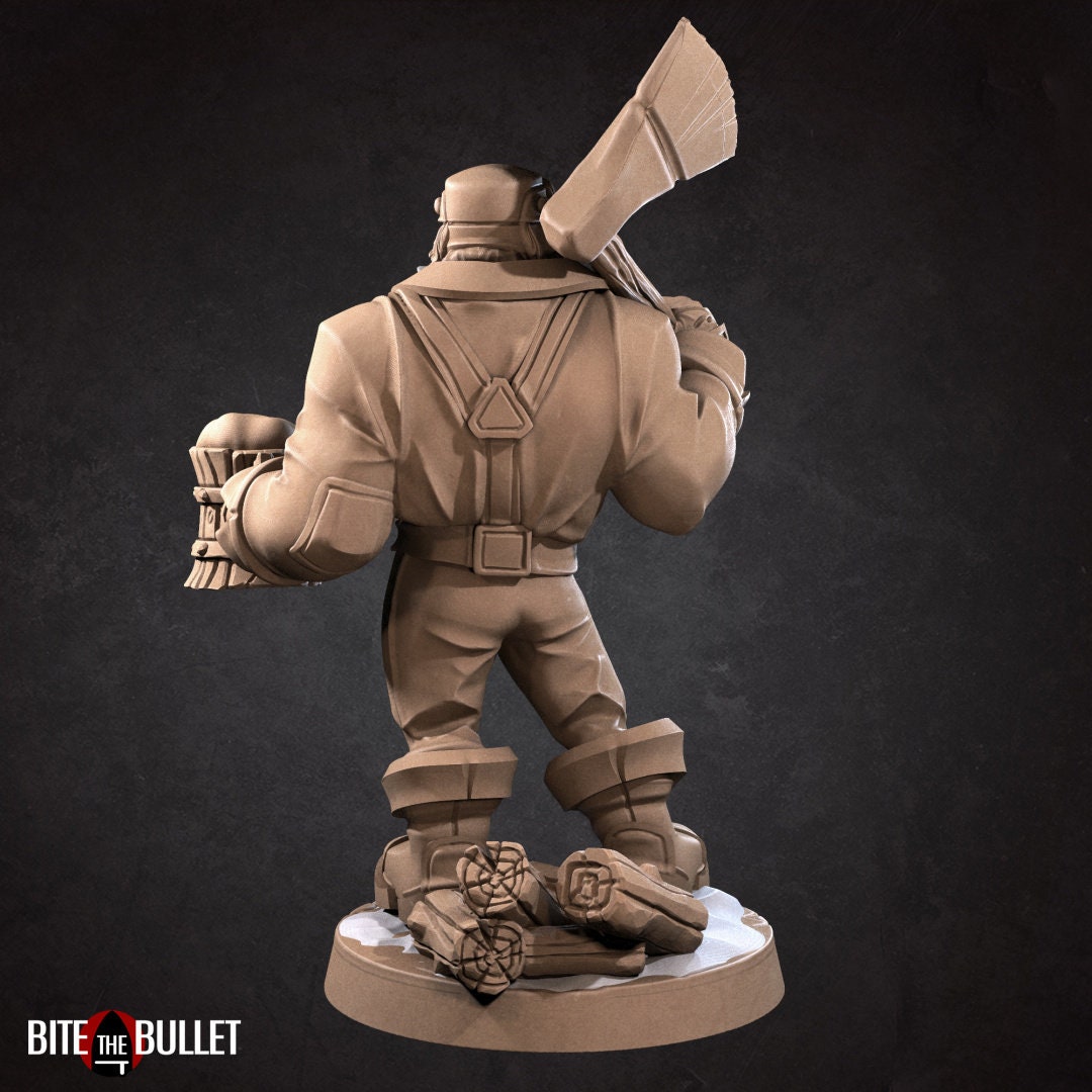 Sexy lumberjack with open shirt, exposing muscular chest. Axe on his shoulder, frothy wooden mug in hand. Resin miniature by Bite the Bullet.