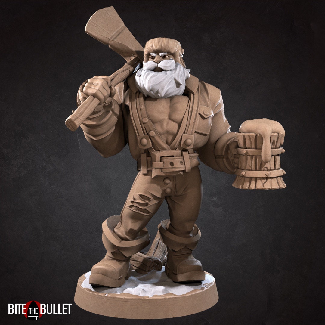 Sexy lumberjack with open shirt, exposing muscular chest. Axe on his shoulder, frothy wooden mug in hand. Resin miniature by Bite the Bullet.