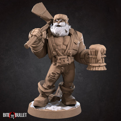 Sexy lumberjack with open shirt, exposing muscular chest. Axe on his shoulder, frothy wooden mug in hand. Resin miniature by Bite the Bullet.