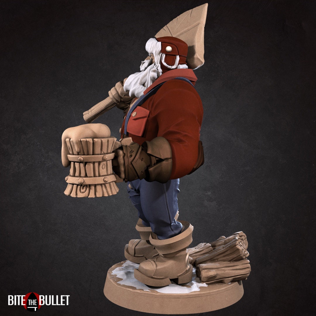 Sexy lumberjack with open shirt, exposing muscular chest. Axe on his shoulder, frothy wooden mug in hand. Resin miniature by Bite the Bullet.