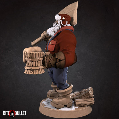 Sexy lumberjack with open shirt, exposing muscular chest. Axe on his shoulder, frothy wooden mug in hand. Resin miniature by Bite the Bullet.