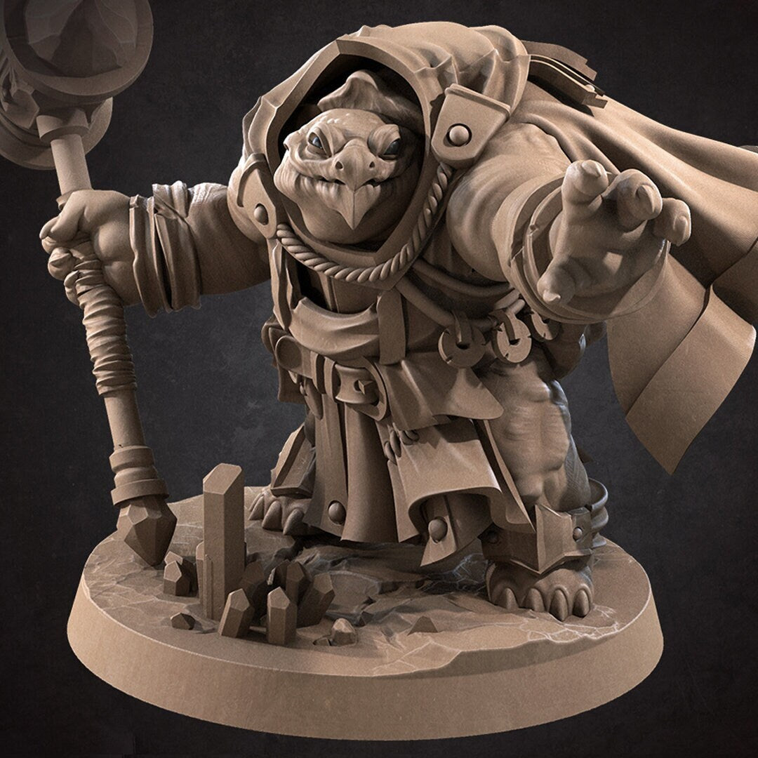 Anthropomorphic turtle holding a war hammer. Resin miniature by Bite the Bullet.