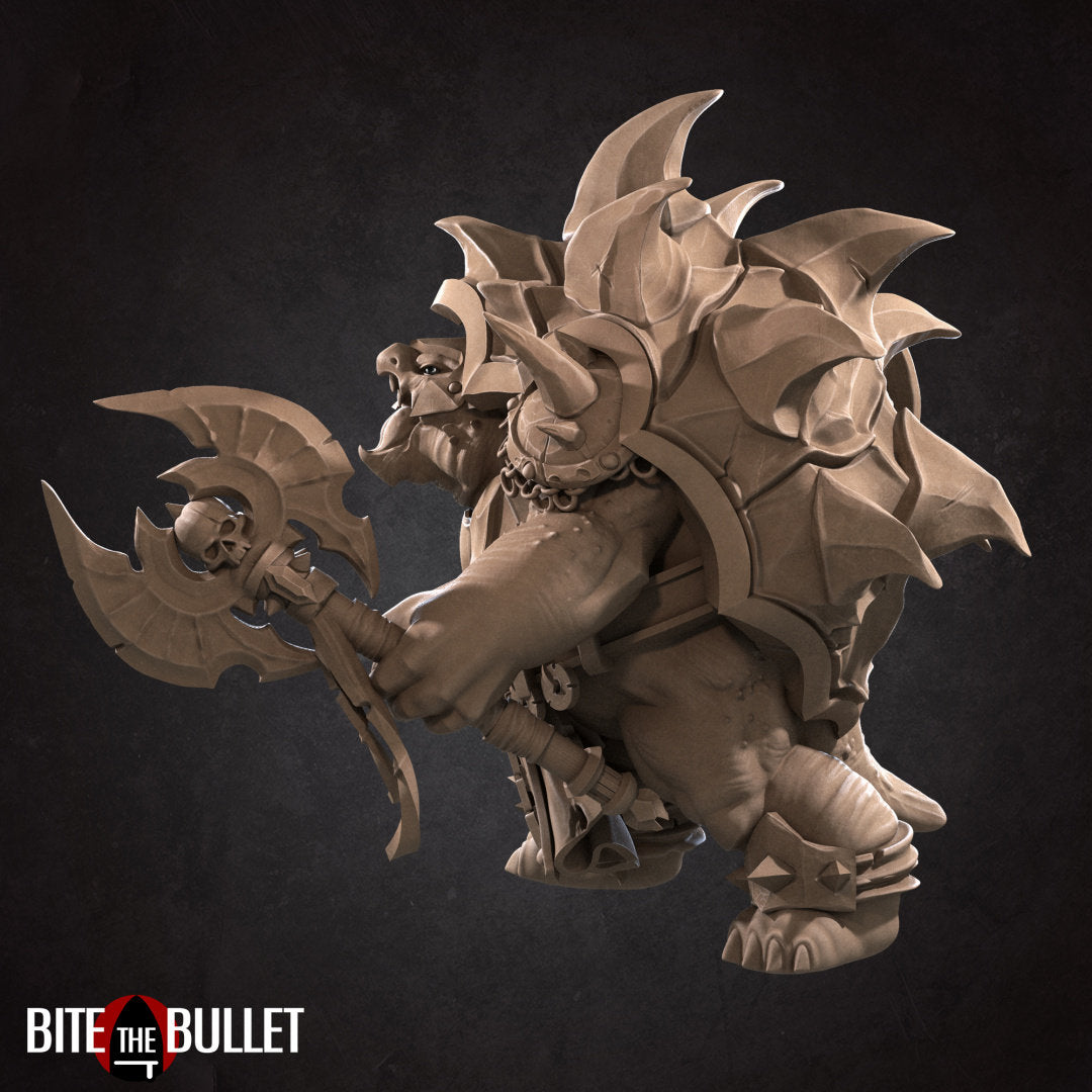 Anthropomorphic turtle barbarian with an axe and shield. Resin miniature by Bite the Bullet.